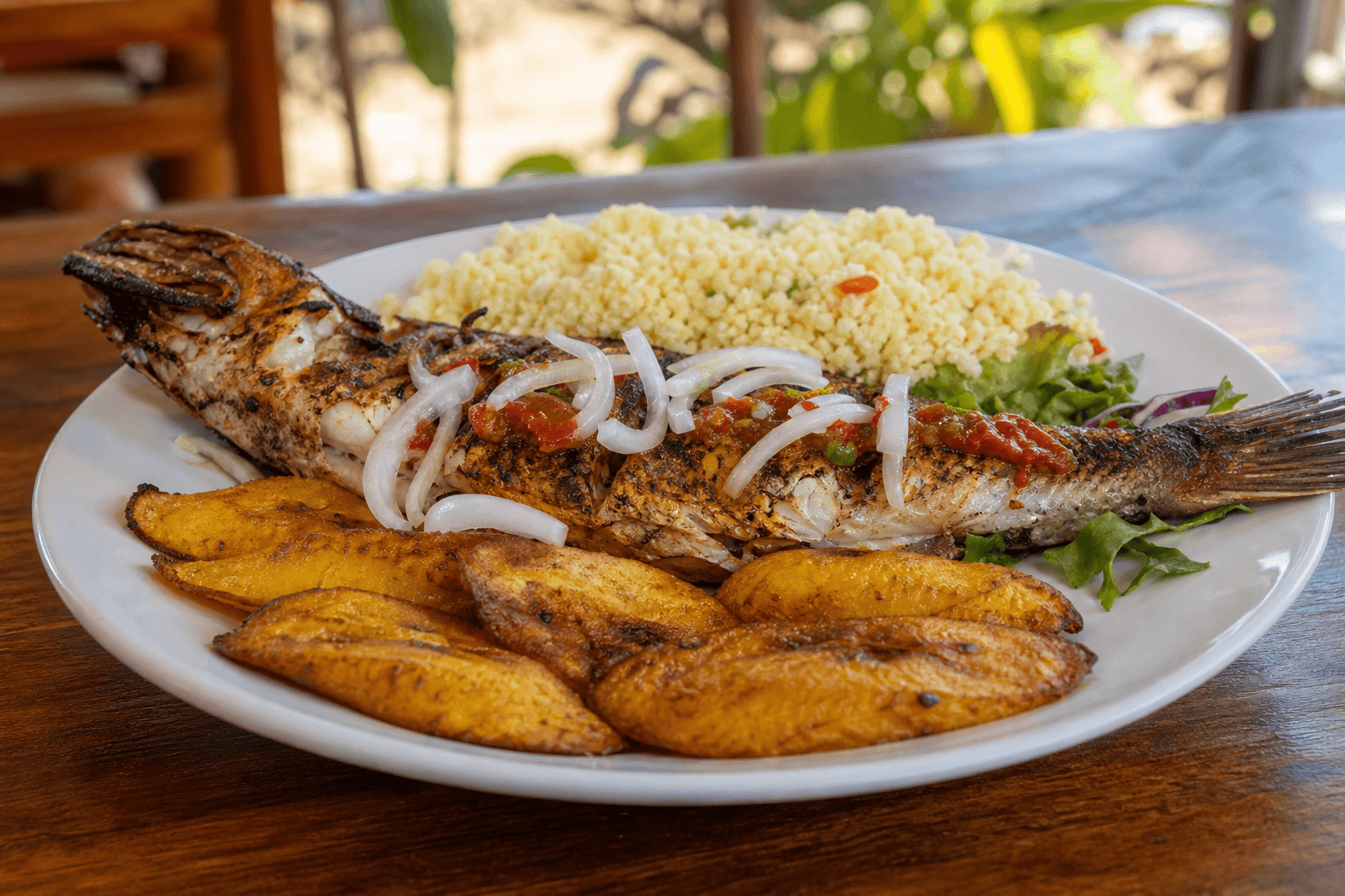 Poisson grillé, plantain et accompagnement